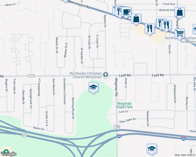 map of restaurants, bars, coffee shops, grocery stores, and more near 3255 Lyell Road in Rochester