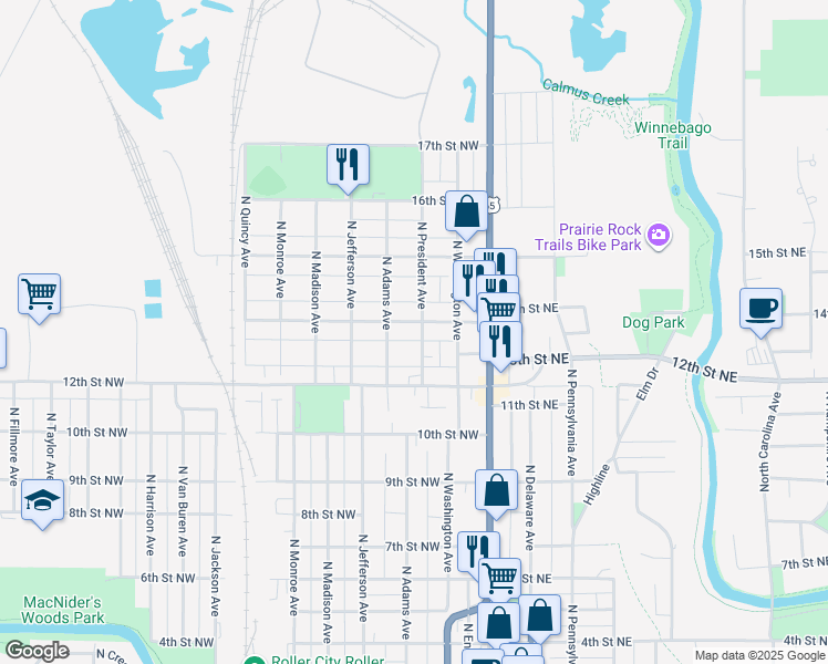 map of restaurants, bars, coffee shops, grocery stores, and more near 1312 North President Avenue in Mason City