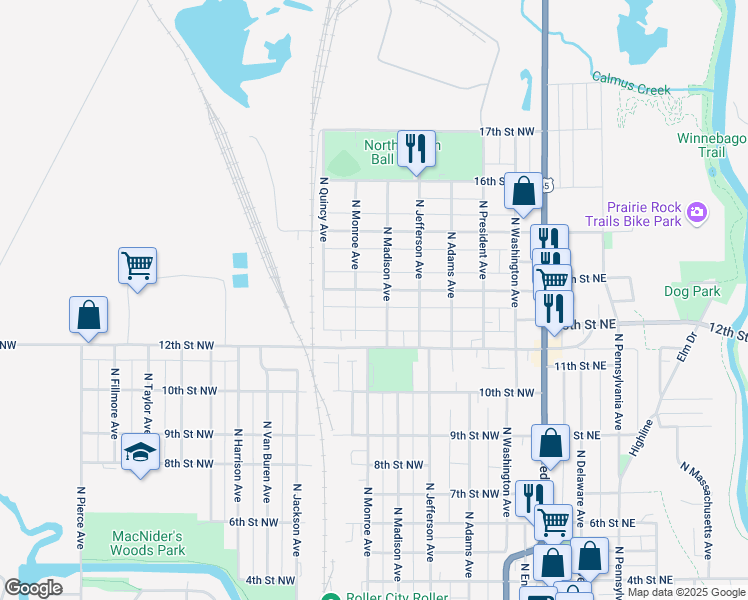 map of restaurants, bars, coffee shops, grocery stores, and more near 1305 North Monroe Avenue in Mason City