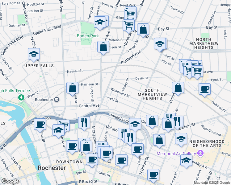map of restaurants, bars, coffee shops, grocery stores, and more near 23 Woodward Street in Rochester