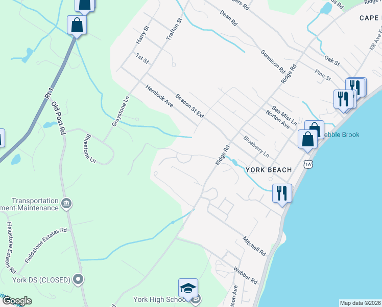 map of restaurants, bars, coffee shops, grocery stores, and more near 17 Ruch Lane in York