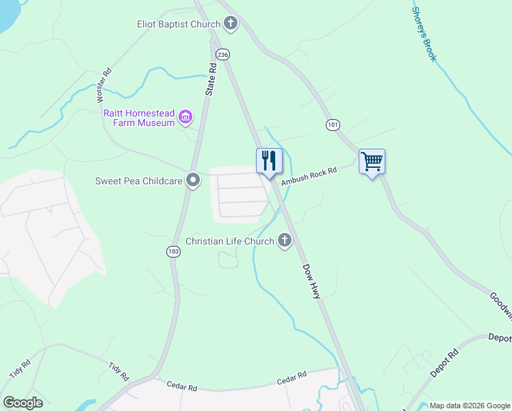 map of restaurants, bars, coffee shops, grocery stores, and more near 8 Hawk Way in Eliot