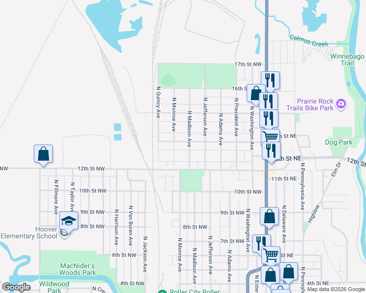 map of restaurants, bars, coffee shops, grocery stores, and more near 1305 North Monroe Avenue in Mason City