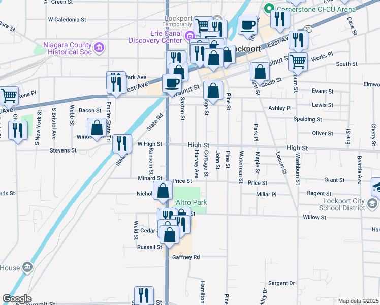 map of restaurants, bars, coffee shops, grocery stores, and more near 51 High Street in Lockport