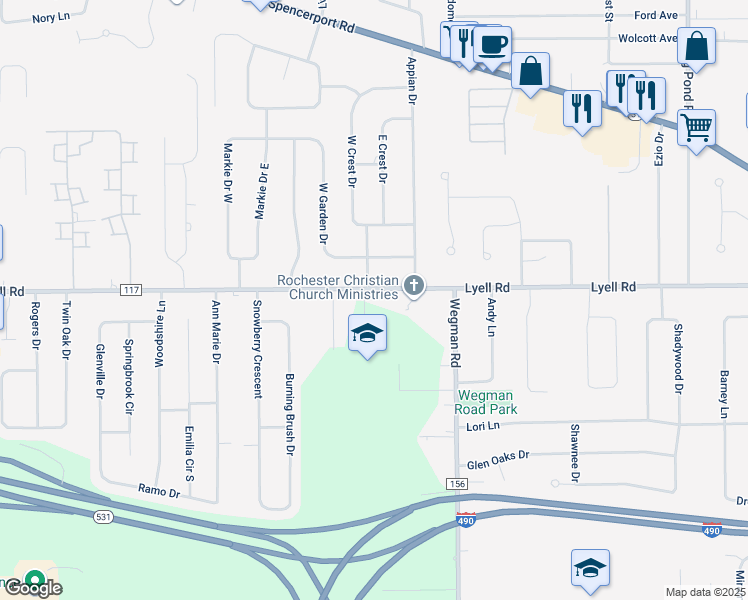 map of restaurants, bars, coffee shops, grocery stores, and more near 3255 Lyell Road in Rochester