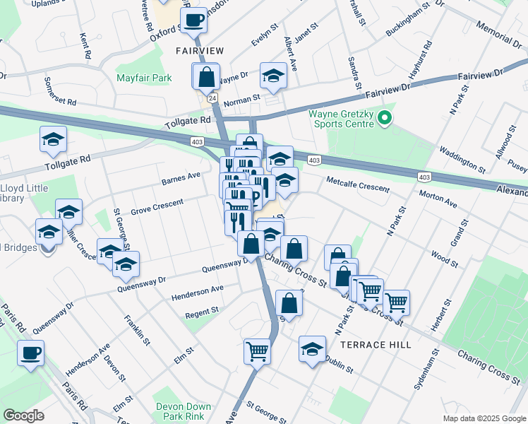 map of restaurants, bars, coffee shops, grocery stores, and more near 58 King George Road in Brantford