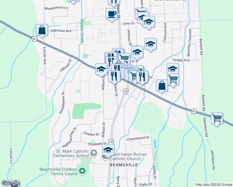 map of restaurants, bars, coffee shops, grocery stores, and more near 4245 Queen Street in Lincoln