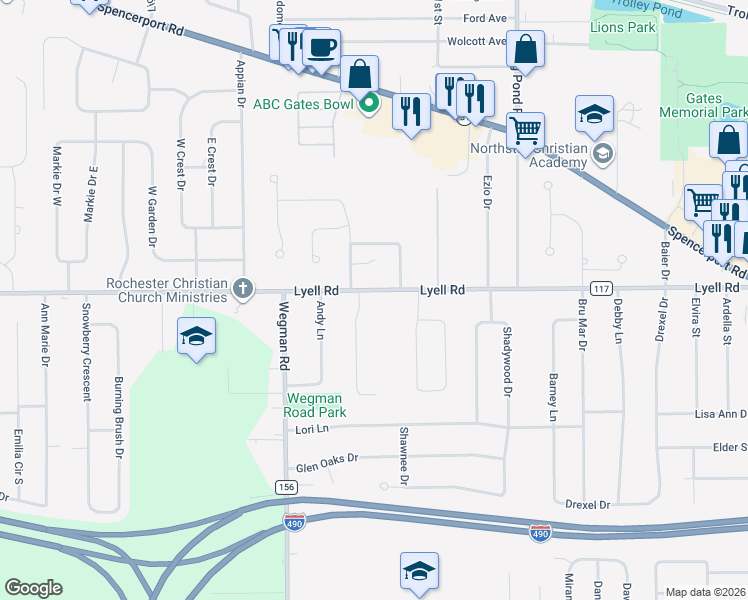 map of restaurants, bars, coffee shops, grocery stores, and more near 2981 Lyell Road in Rochester