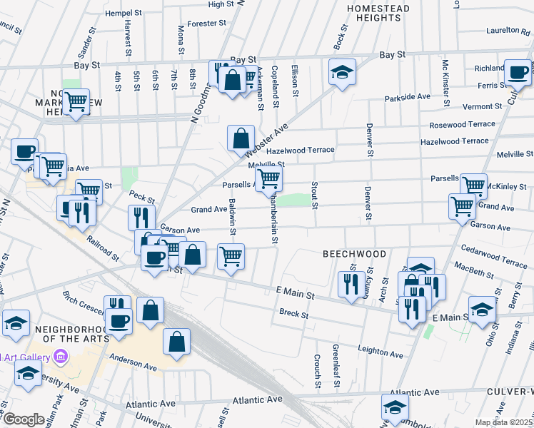 map of restaurants, bars, coffee shops, grocery stores, and more near 436 Garson Avenue in Rochester