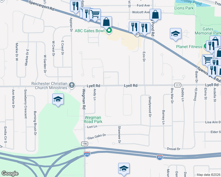 map of restaurants, bars, coffee shops, grocery stores, and more near 2981 Lyell Road in Rochester