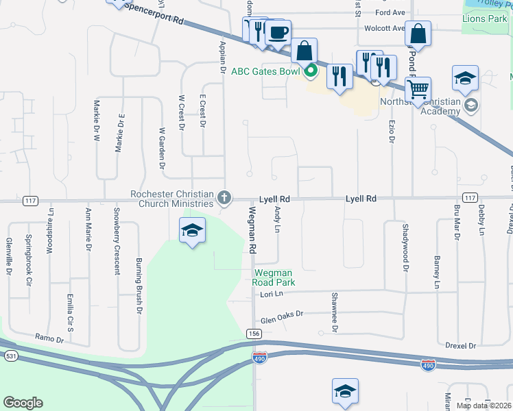 map of restaurants, bars, coffee shops, grocery stores, and more near 375 Wegman Road in Rochester