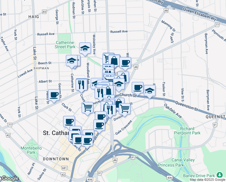 map of restaurants, bars, coffee shops, grocery stores, and more near in St. Catharines