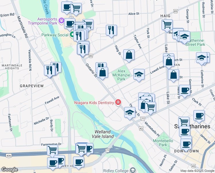 map of restaurants, bars, coffee shops, grocery stores, and more near 243 Ontario Street in St. Catharines