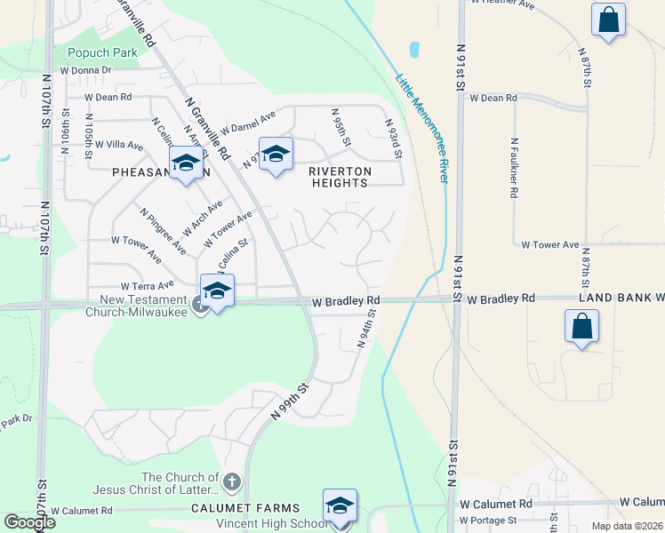 map of restaurants, bars, coffee shops, grocery stores, and more near 9469 West Terra Court in Milwaukee