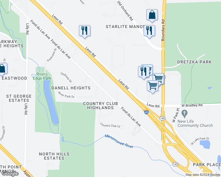 map of restaurants, bars, coffee shops, grocery stores, and more near N80W13082 West Fond Du Lac Avenue in Menomonee Falls