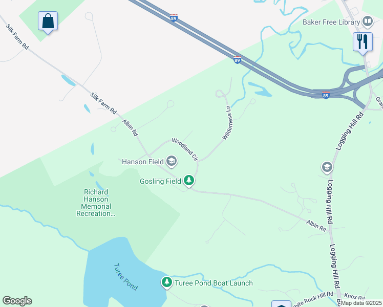 map of restaurants, bars, coffee shops, grocery stores, and more near 10 Woodland Circle in Bow