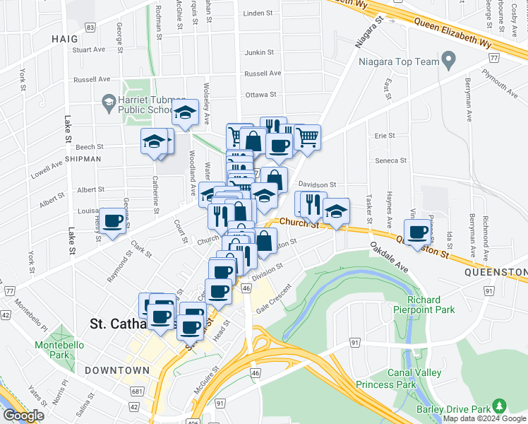 map of restaurants, bars, coffee shops, grocery stores, and more near 181 Church Street in St. Catharines