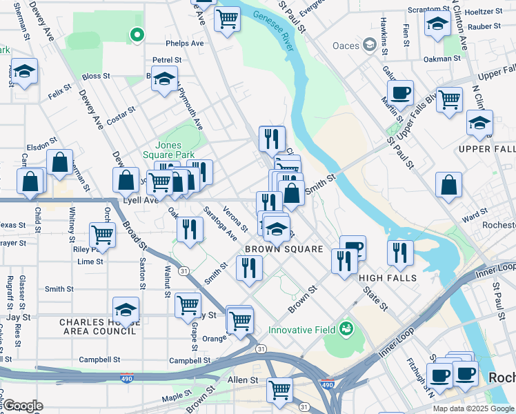 map of restaurants, bars, coffee shops, grocery stores, and more near 630 North Plymouth Avenue in Rochester