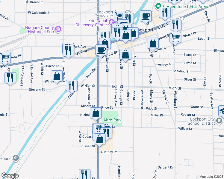 map of restaurants, bars, coffee shops, grocery stores, and more near 51 High Street in Lockport