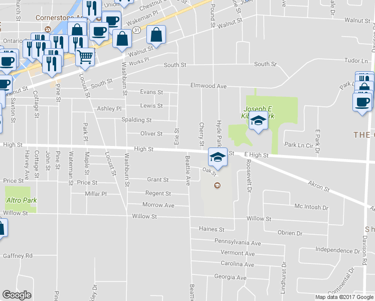 map of restaurants, bars, coffee shops, grocery stores, and more near 0 Beattie Avenue in Lockport