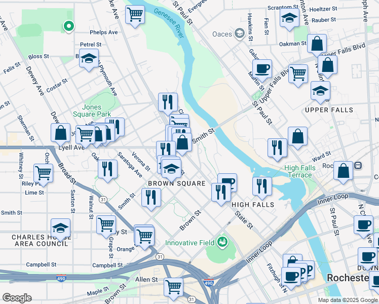 map of restaurants, bars, coffee shops, grocery stores, and more near 514 State Street in Rochester