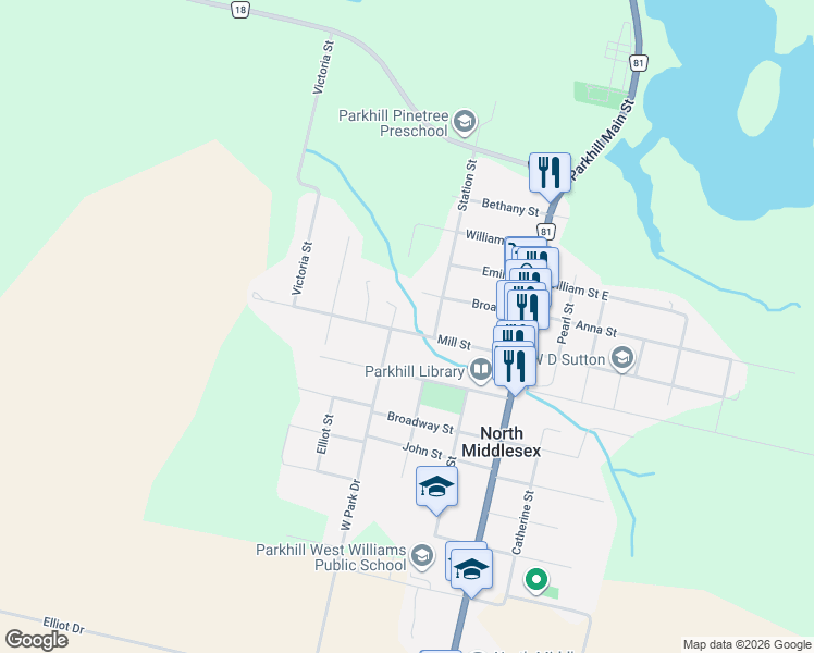 map of restaurants, bars, coffee shops, grocery stores, and more near 150 Mill Street in Parkhill