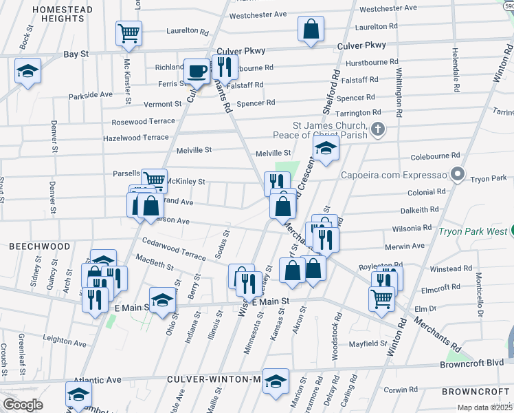 map of restaurants, bars, coffee shops, grocery stores, and more near 867 Grand Avenue in Rochester