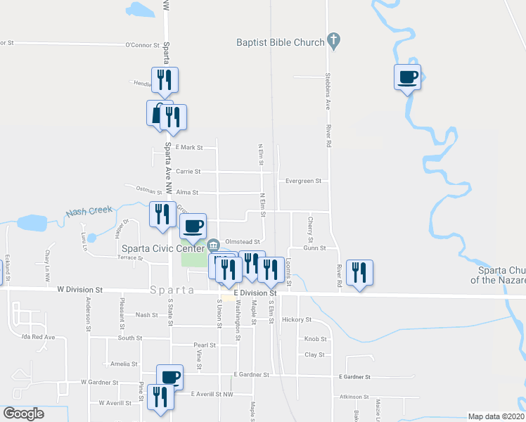 map of restaurants, bars, coffee shops, grocery stores, and more near 186 North Elm Street in Sparta