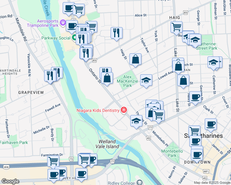 map of restaurants, bars, coffee shops, grocery stores, and more near 7 Beech Street in St. Catharines