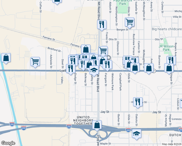 map of restaurants, bars, coffee shops, grocery stores, and more near 1343 Lyell Avenue in Rochester