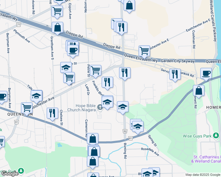map of restaurants, bars, coffee shops, grocery stores, and more near 14 Milton Road in Saint Catharines