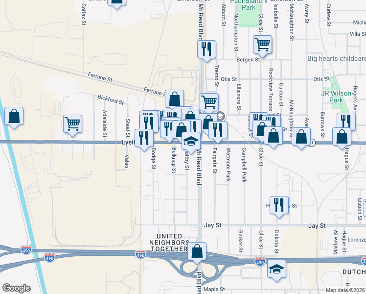 map of restaurants, bars, coffee shops, grocery stores, and more near 1343 Lyell Avenue in Rochester
