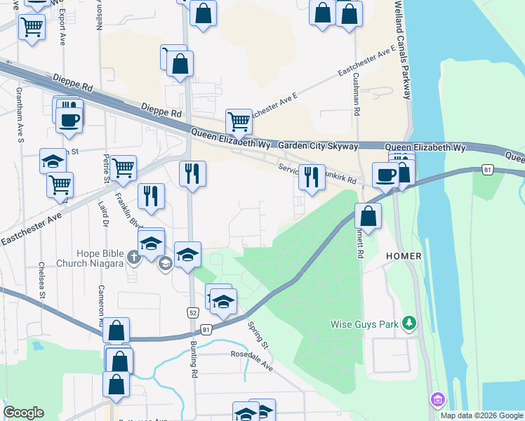 map of restaurants, bars, coffee shops, grocery stores, and more near 122 Bunting Road in St. Catharines