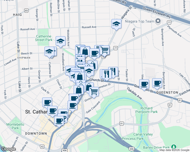map of restaurants, bars, coffee shops, grocery stores, and more near 201 Church Street in St. Catharines