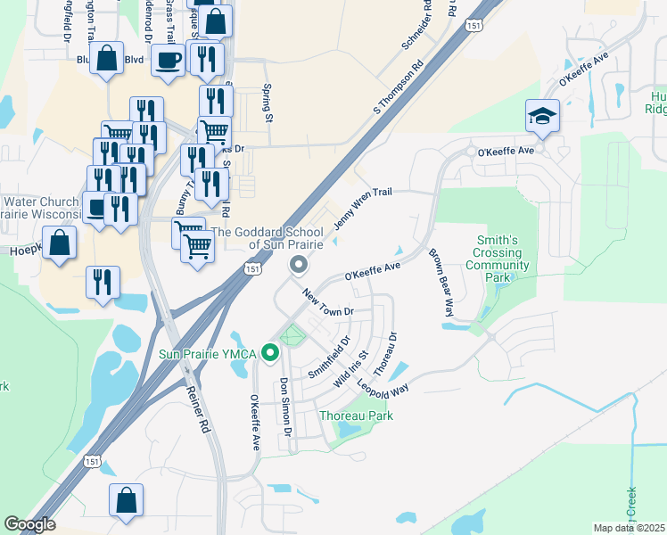 map of restaurants, bars, coffee shops, grocery stores, and more near 1314 O'Keeffe Avenue in Sun Prairie