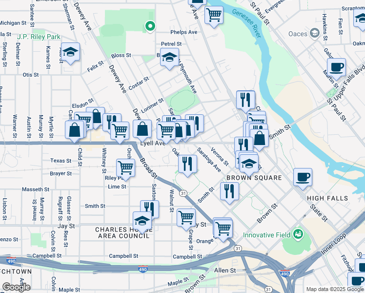 map of restaurants, bars, coffee shops, grocery stores, and more near 580 Oak Street in Rochester