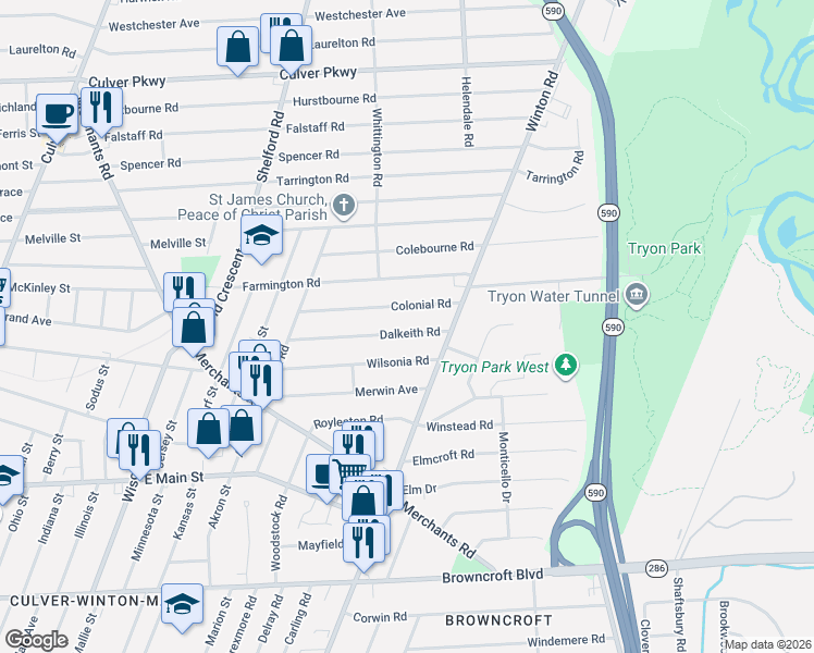 map of restaurants, bars, coffee shops, grocery stores, and more near 161 Dalkeith Road in Rochester