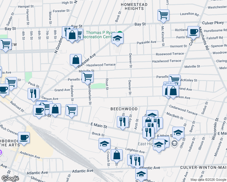 map of restaurants, bars, coffee shops, grocery stores, and more near 542 Garson Avenue in Rochester