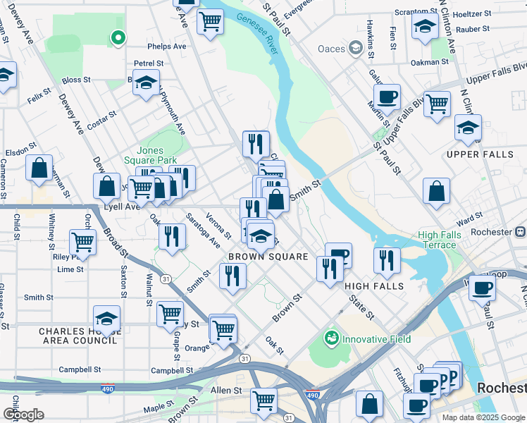 map of restaurants, bars, coffee shops, grocery stores, and more near 295N Smith Street in Rochester