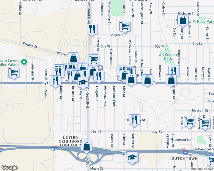 map of restaurants, bars, coffee shops, grocery stores, and more near 218 Wetmore Park in Rochester