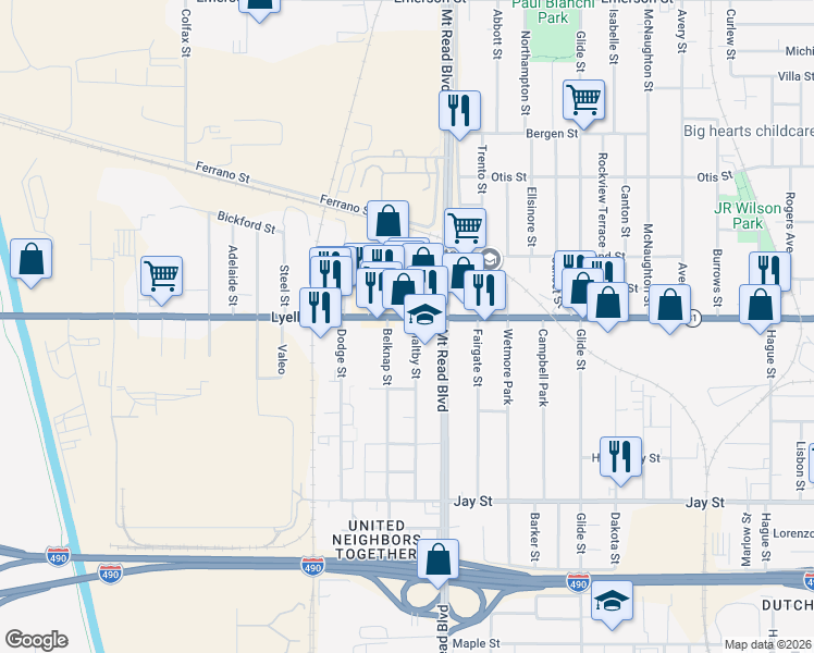map of restaurants, bars, coffee shops, grocery stores, and more near 1343 Lyell Avenue in Rochester