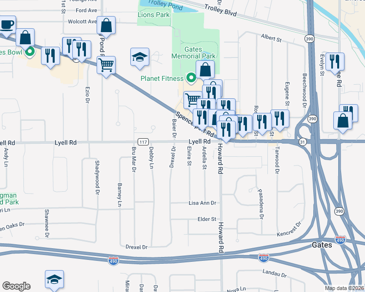 map of restaurants, bars, coffee shops, grocery stores, and more near 37 Elvira Street in Rochester