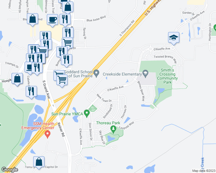 map of restaurants, bars, coffee shops, grocery stores, and more near 1321 O'Keeffe Avenue in Sun Prairie
