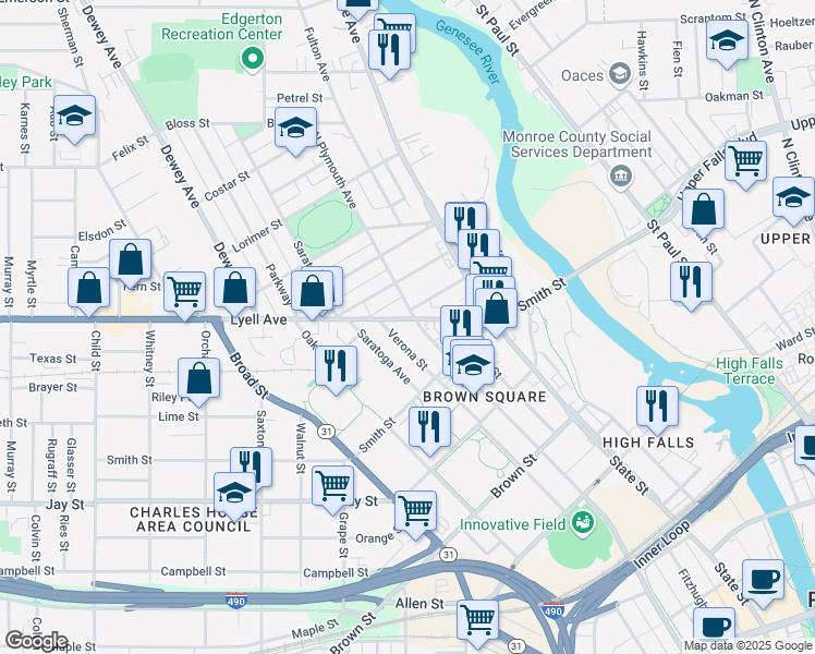 map of restaurants, bars, coffee shops, grocery stores, and more near 681 Plymouth Avenue North in Rochester