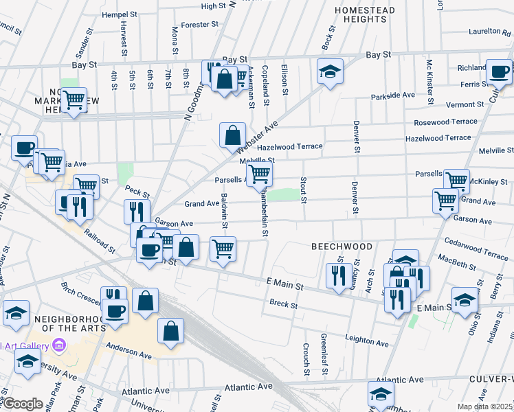 map of restaurants, bars, coffee shops, grocery stores, and more near 191 Grand Avenue in Rochester