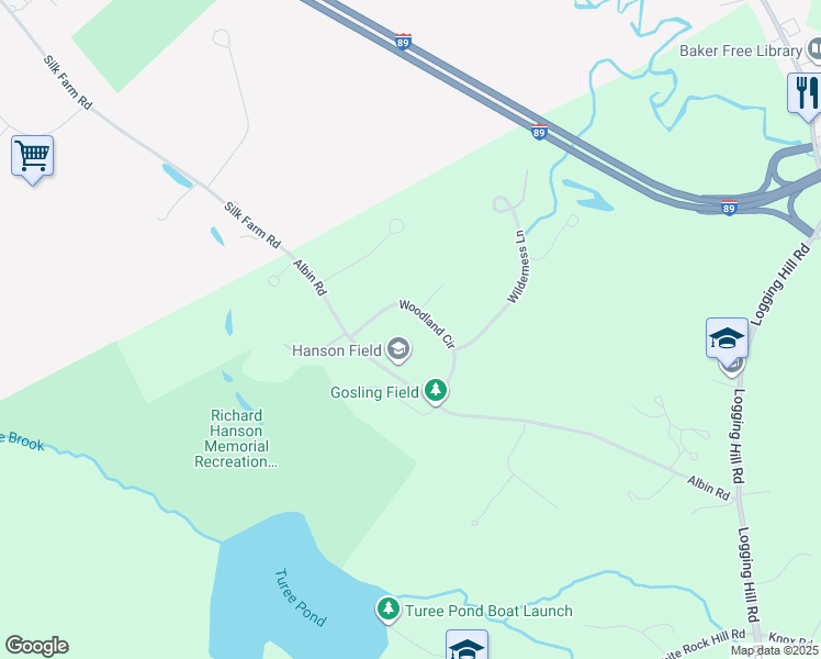 map of restaurants, bars, coffee shops, grocery stores, and more near 10 Woodland Circle in Bow