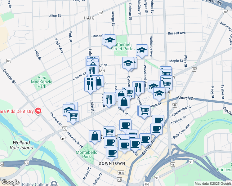 map of restaurants, bars, coffee shops, grocery stores, and more near 12 George Street in Saint Catharines