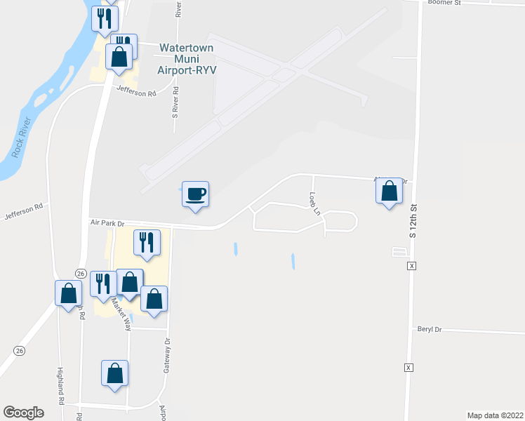 map of restaurants, bars, coffee shops, grocery stores, and more near 205 Air Park Drive in Watertown