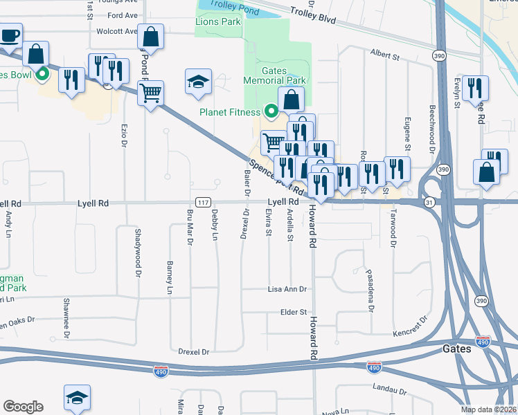 map of restaurants, bars, coffee shops, grocery stores, and more near 37 Elvira Street in Rochester