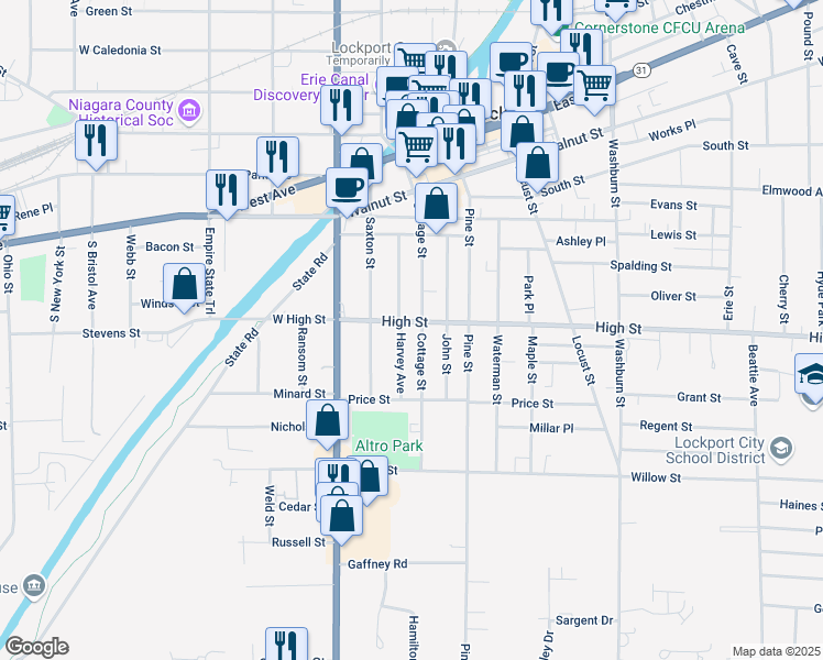 map of restaurants, bars, coffee shops, grocery stores, and more near 104 Harvey Avenue in Lockport